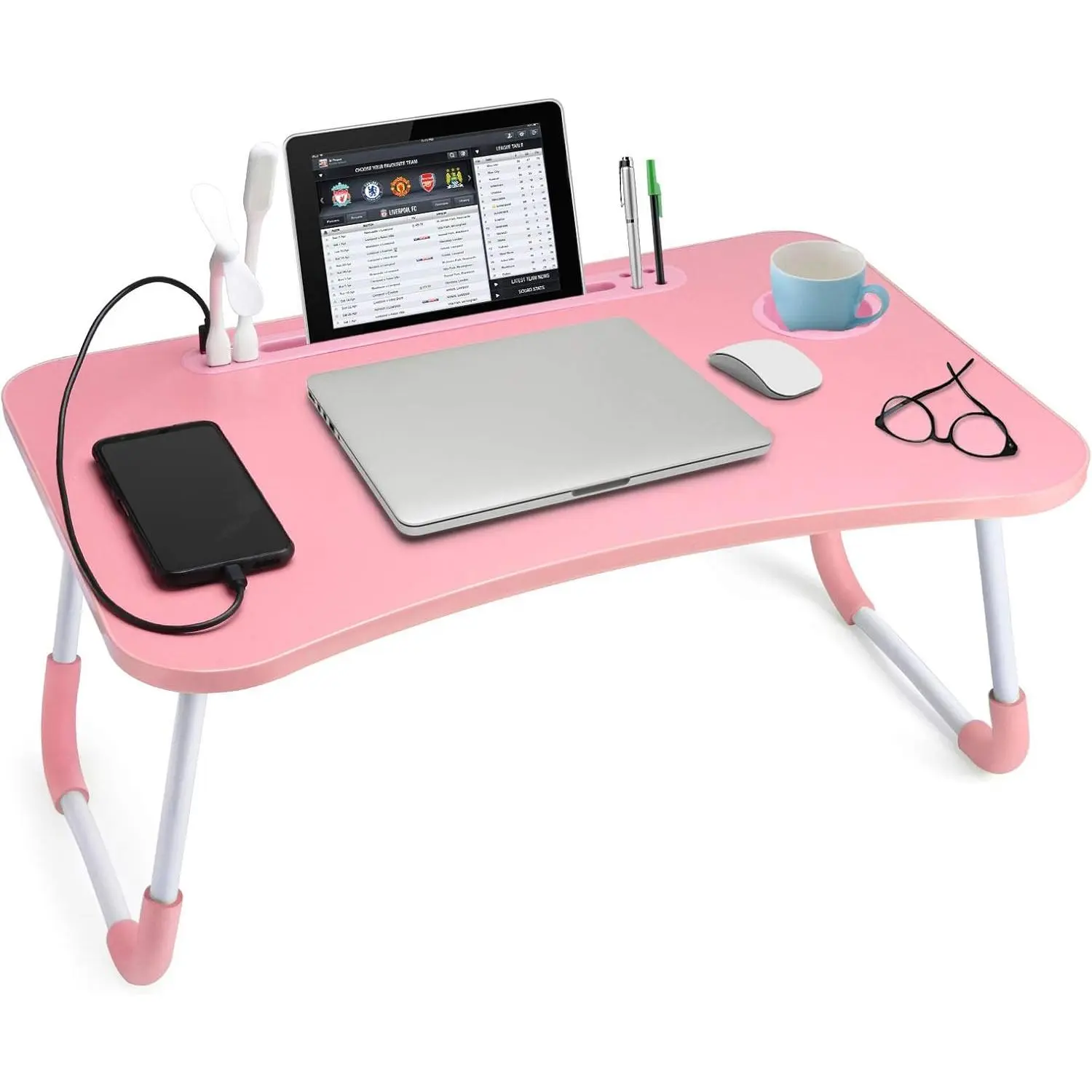 Slendor Lap Desk with Cup Holder, Foldable Laptop Table for Bed, Portable Bed Desk for Laptop and Writing, Computer Tray with Tablet Slot, Notebook Stand Reading Holder for Couch Sofa Floor,Pink