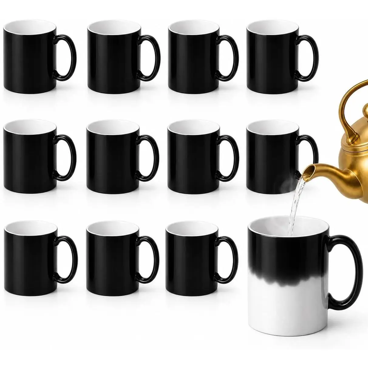 12 Pack Sublimation Magic Mugs, 11oz Heat Reveal Black Color Changing Coffee Mugs with Individual White Boxes, Blank Ceramic Cups for DIY Photo Printing, Custom Gifts, Heat Press Projects