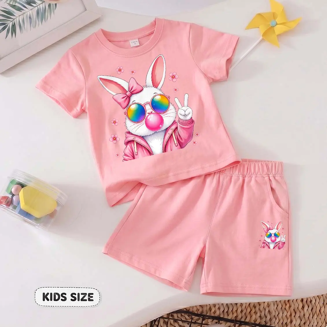 Girls' 2-Piece Clothing Outfit with Cute Bubblegum Rabbit Cartoon Print, Lightweight Crew Neck T-Shirt and Bottoms for Everyday Wear & Outdoor Play, Short, Elastic Waist Shorts, Basic, Round-Neck, Breathable, Easy-On Shorts