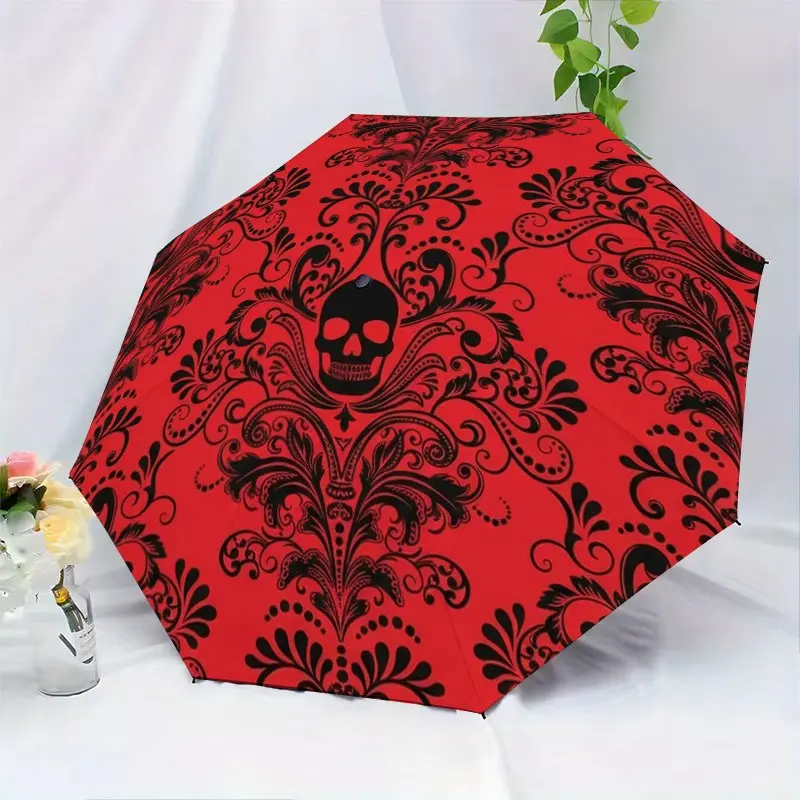 Skull Pattern Automatic Folding Umbrella, Lightweight Compact Travel Umbrella, 8-Rib Sturdy Frame, Unisex, Portable Outdoor Accessory