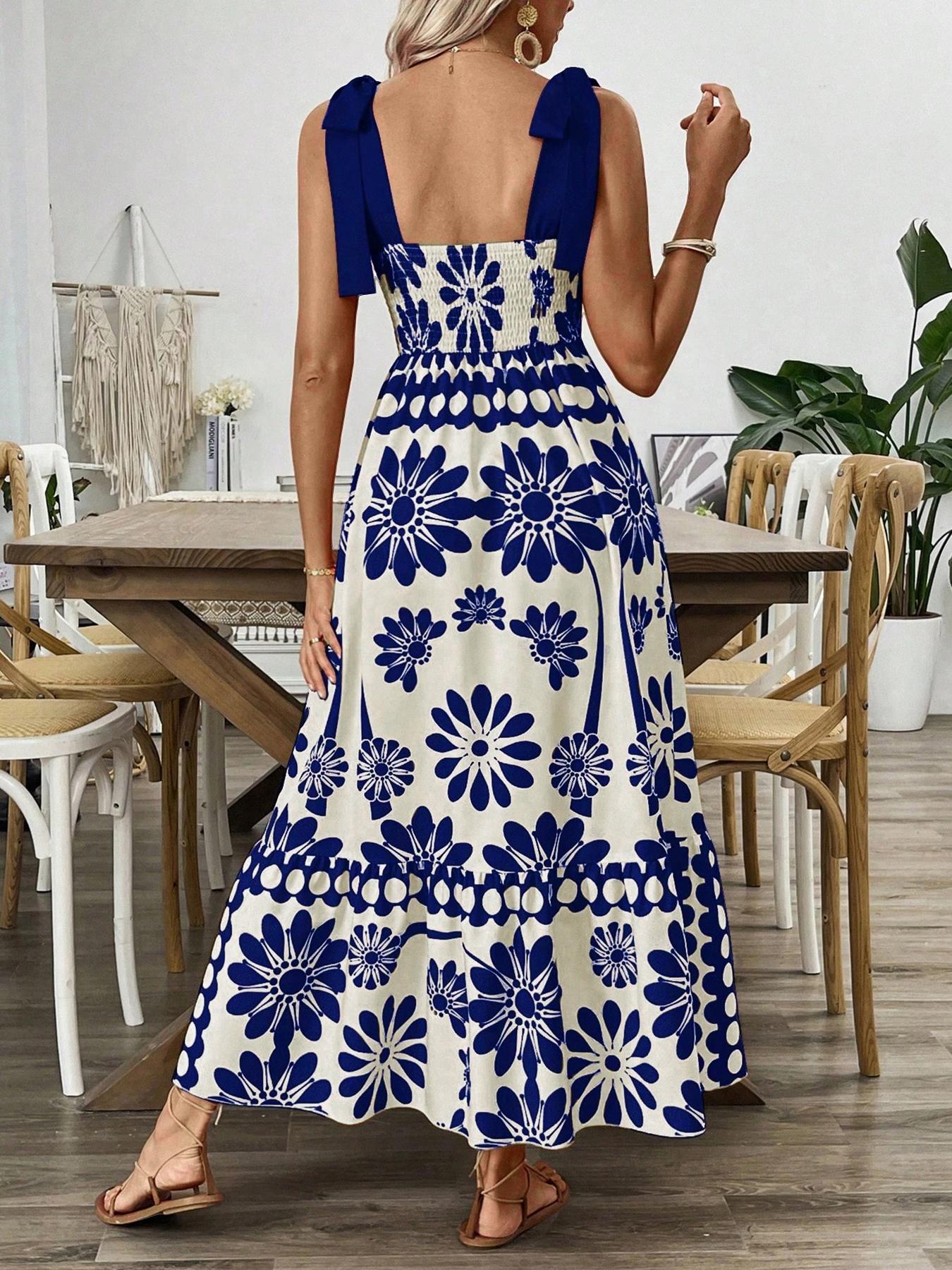 Women's Floral Print Tie Shoulder Dress, Casual Bohemian Sleeveless, Boho Sleeveless Dress for Beach Holiday Vacation, Ladies Summer Clothes