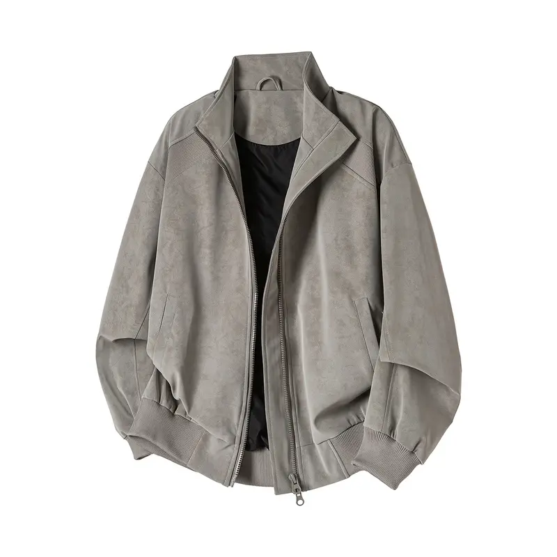 Stand collar suede bomber jacket equipped with full-length zipper closure, side slip pockets, ribbed cuffs and hem, loose tailored silhouette with inner lining, practical casual outerwear for daily commuting and outdoor wear # SummerWins