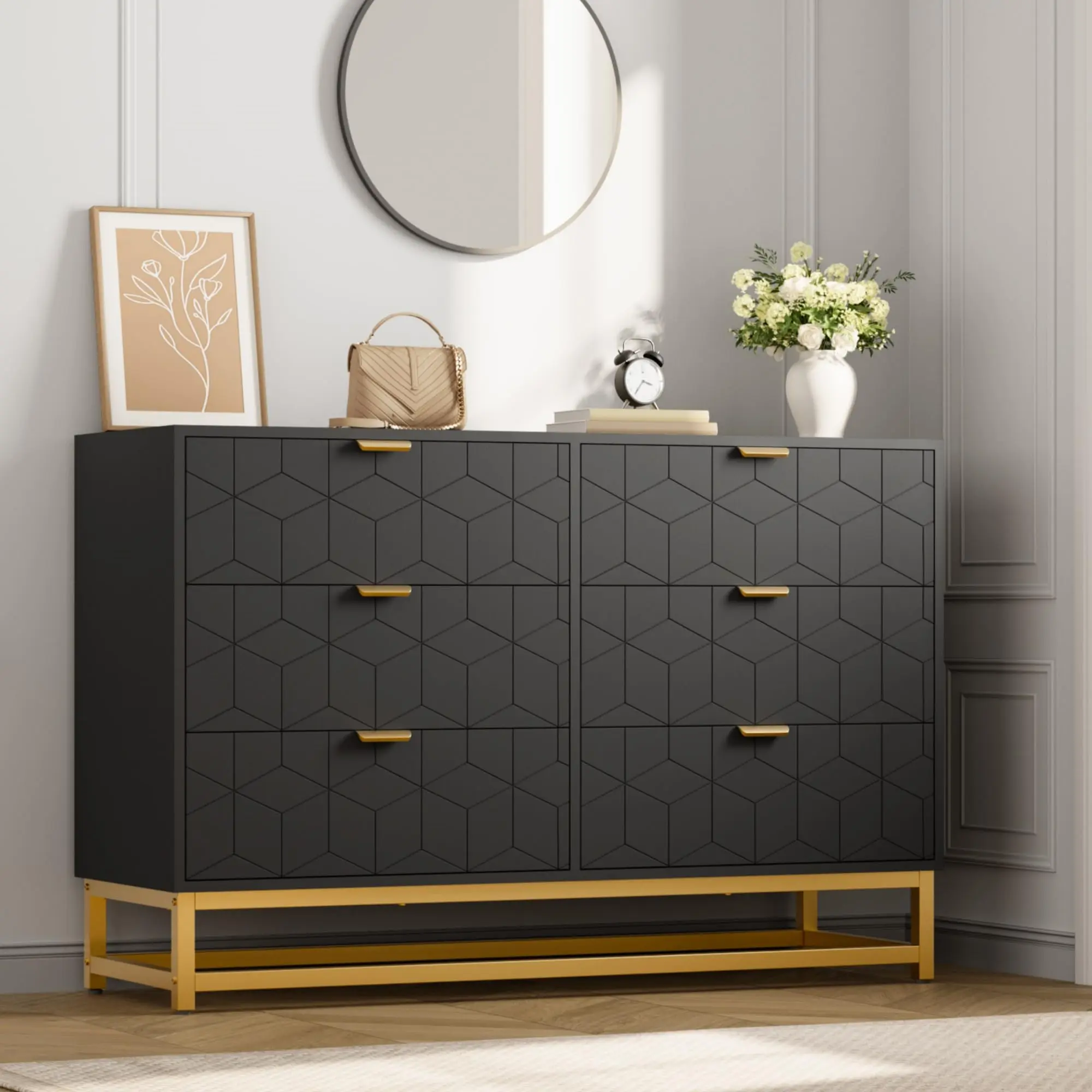 Garvee Modern Black 6-Drawer Double Dresser with Gold Handles, Large Storage Organizer for Bedroom, Living Room, Hallway, Entryway, and Closet - Versatile Chest of Drawers and TV Stand