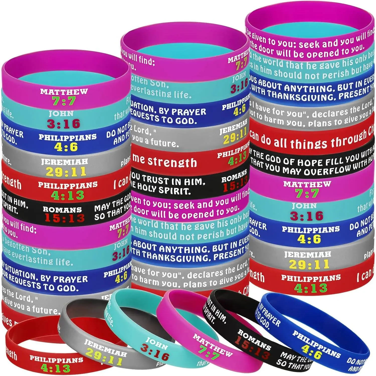 48 count  Verses Bracelets Bulk Scripture  Wristbands Inspirational Motivational Quote Rubber Bracelets Christian Religious Faith Hope Wristbands for Men Women Party Favors