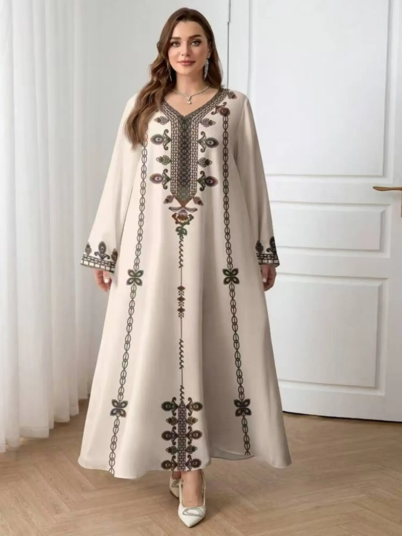 Women's Modest Boho Ethnic Print Long Sleeve Dress, Elegant Loose-Fit Woven Fabric, All-Season Fashionable Outwear for Women