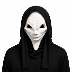 Creepy Smiling Ghost Mask with Hood, Scary Demon Latex Mask for Adults, Halloween Cosplay Party Costume Prop, Ceremony Use