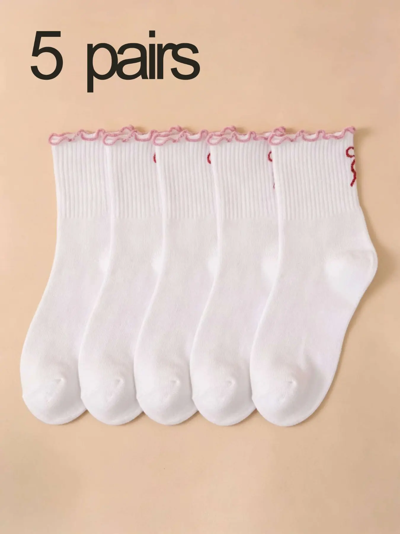 5 Pairs Women's Mid-Calf Socks, Simple Bow Ruffle Socks, Casual Daily Wear Everyday, All Seasons, Fitted Design