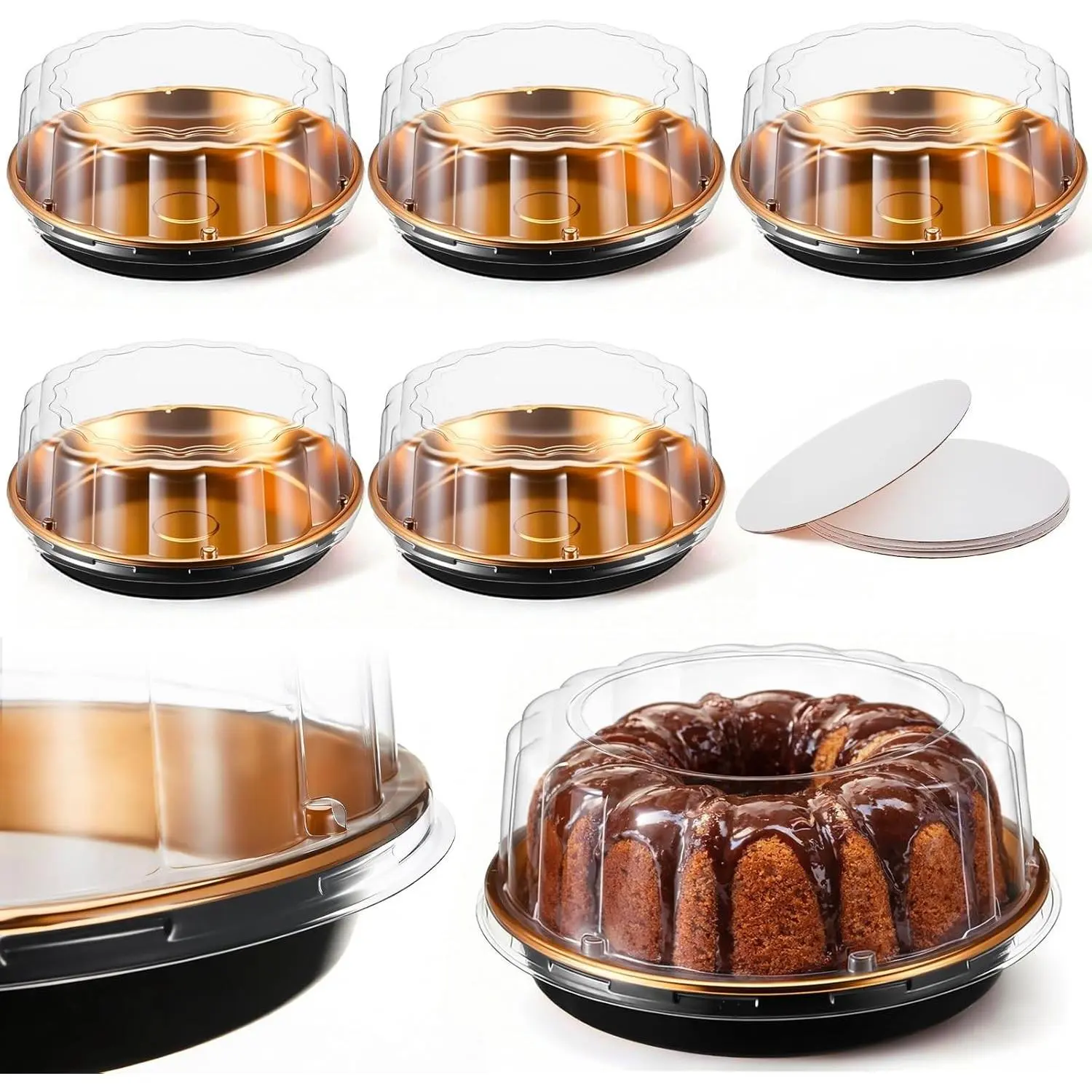 5 Pack 12in Round Cake Container and 5 Pack 10in Cake Boards, Disposable Pie Platters Pizza Carrier Boxes with Dome Lids and Cardboard Bases for Homemade and Party Supplies