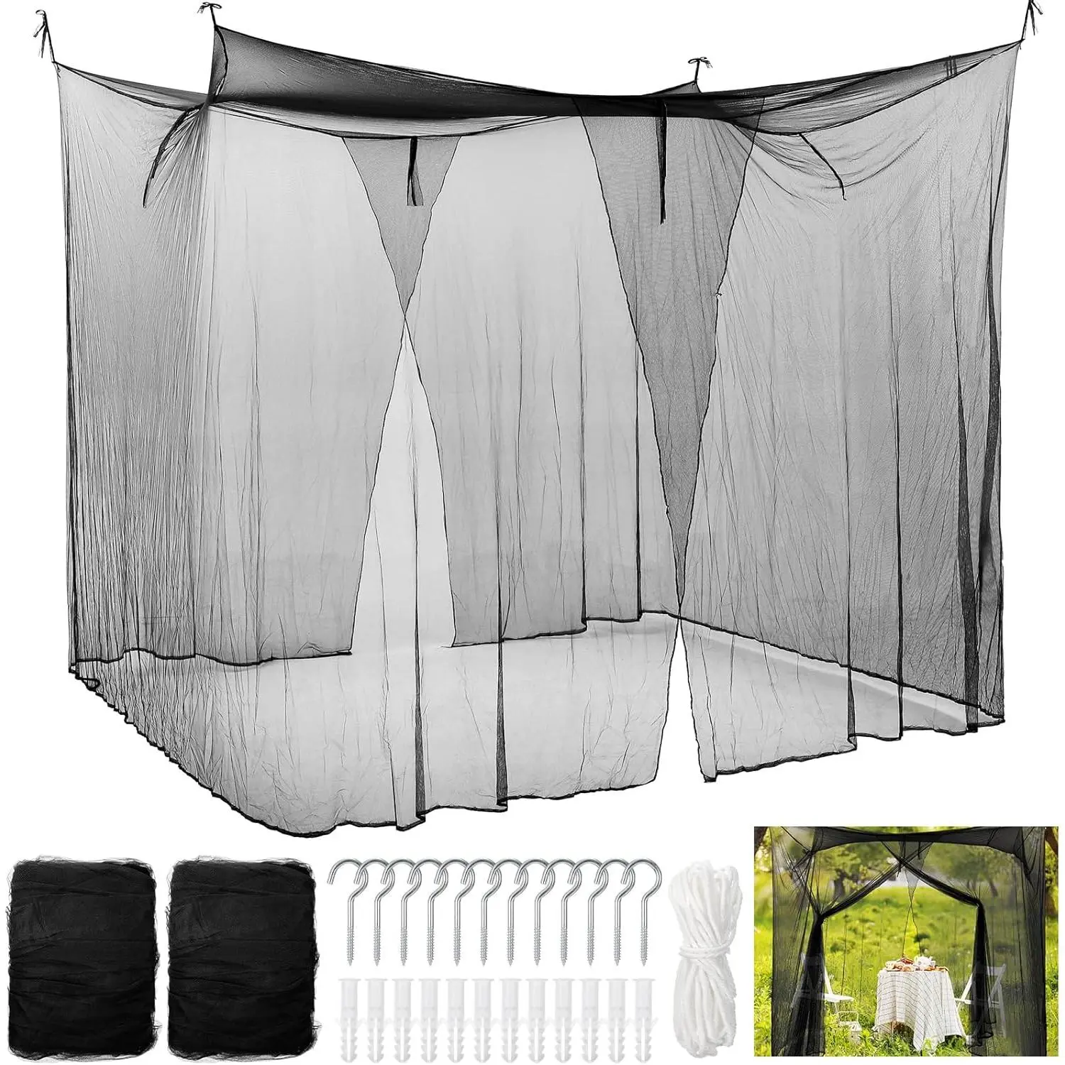 2 Pcs Net for Bed Large Net 4 Corner with 2 Side Openings 16 Loops for Camping Home Travel Dormitory Decor(Black,87 x 87 x 71 Inch)