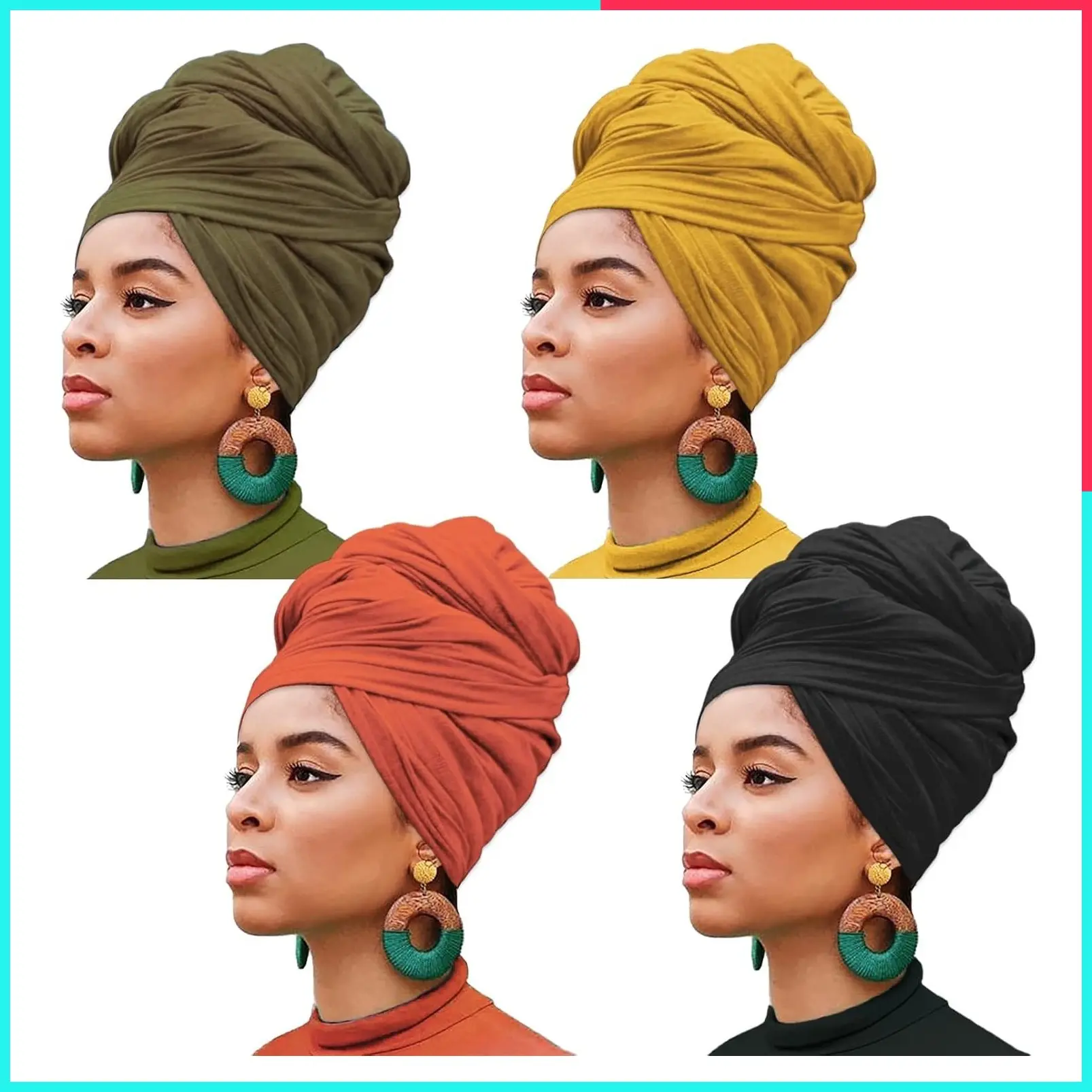 4 Pieces Stretch Jersey Knit Turban Head Wrap, Solid Color Ultra Soft Breathable Hairband Scarf, Extra Long Tie for Women (Black, Army Green, Turmeric, Orange)