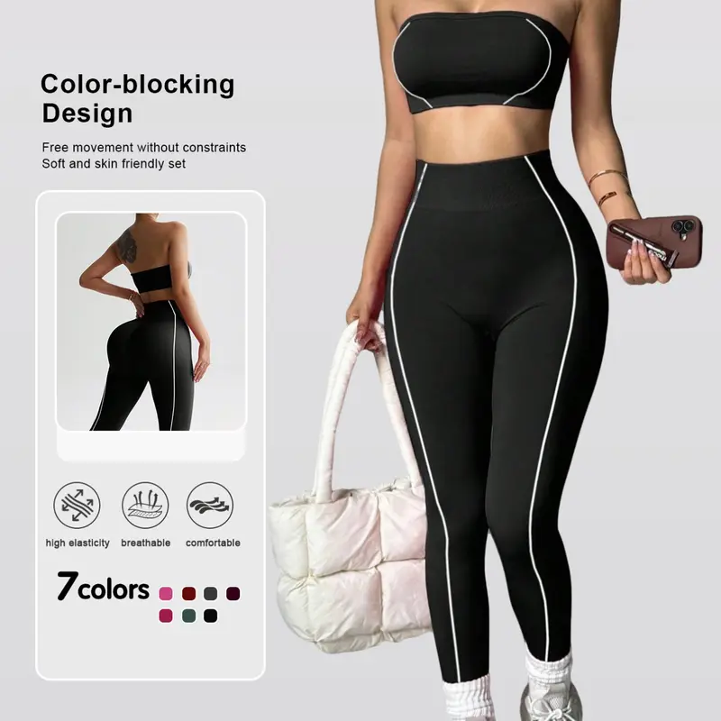 Women's Seamless Colorblock Yoga Set, Seamless Workout Sets, High Waist Butt Lifting Leggings, Sleeveless Sports Top, Outdoor Running Gym, High Stretch Activewear, Sculpting Workout Outfit, Yoga Outfits
