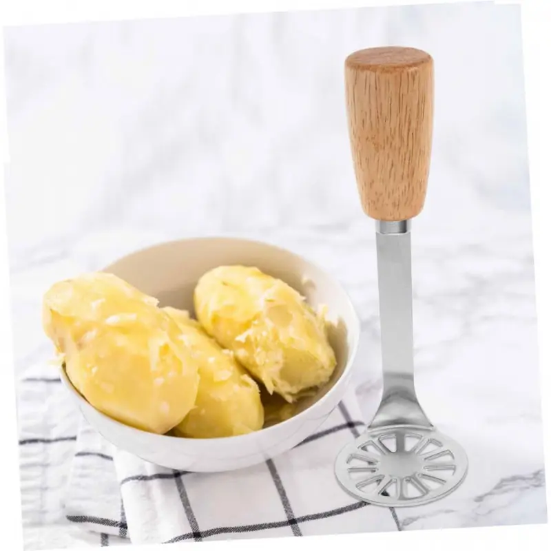 Stainless Steel Potato Masher with Wooden Handle, Manual Hand Food Mashing Tool for Mashed Potato, Pumpkin, Banana, Vegetable Fruit Puree Kitchen Gadget