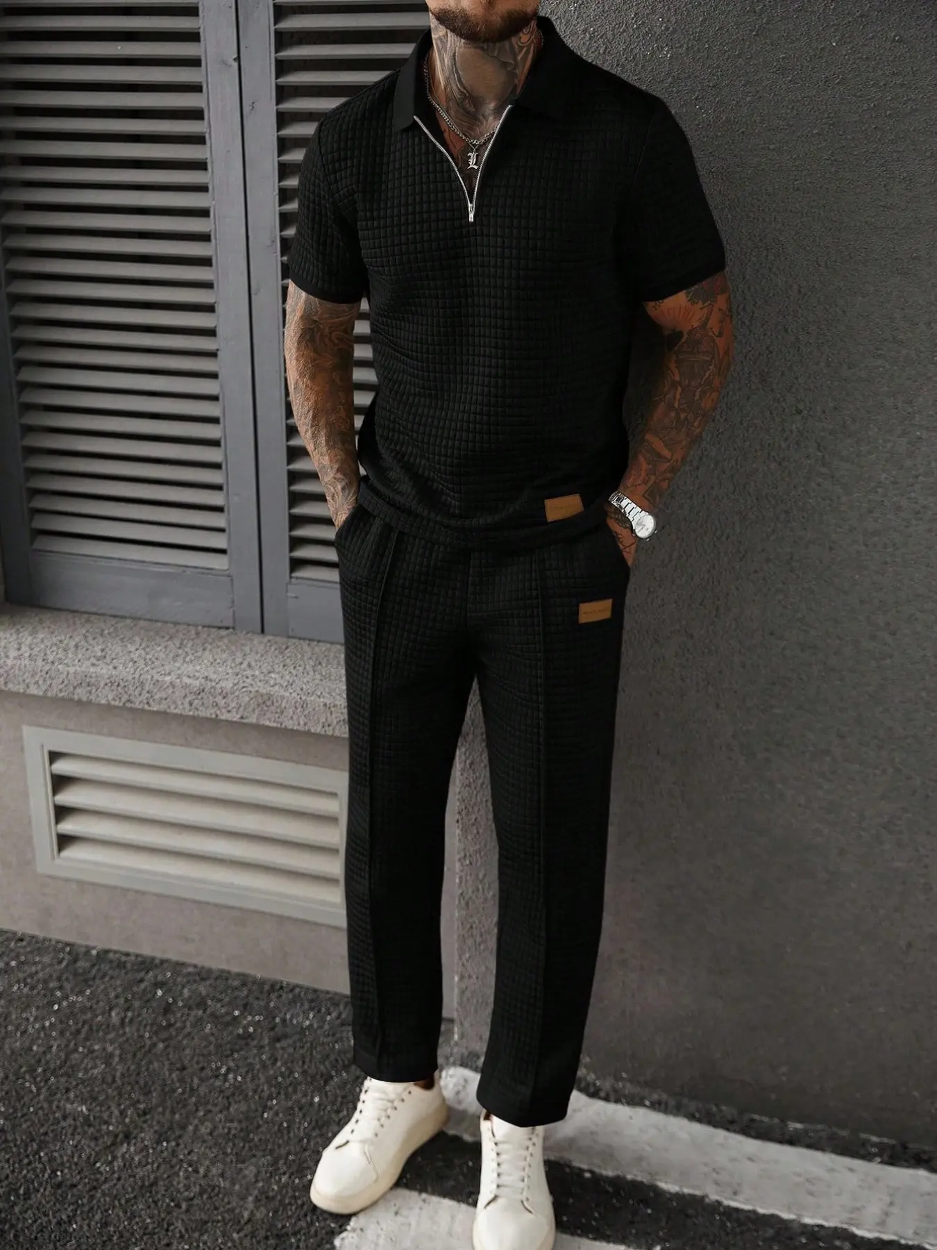 Men's Fashion Classic Casual Business Two-Piece Set Menswear, Zipper Polo Shirt Top and Pants, Ideal for Weddings and Anniversaries, Perfect Gift Choice, Wedding Outfit