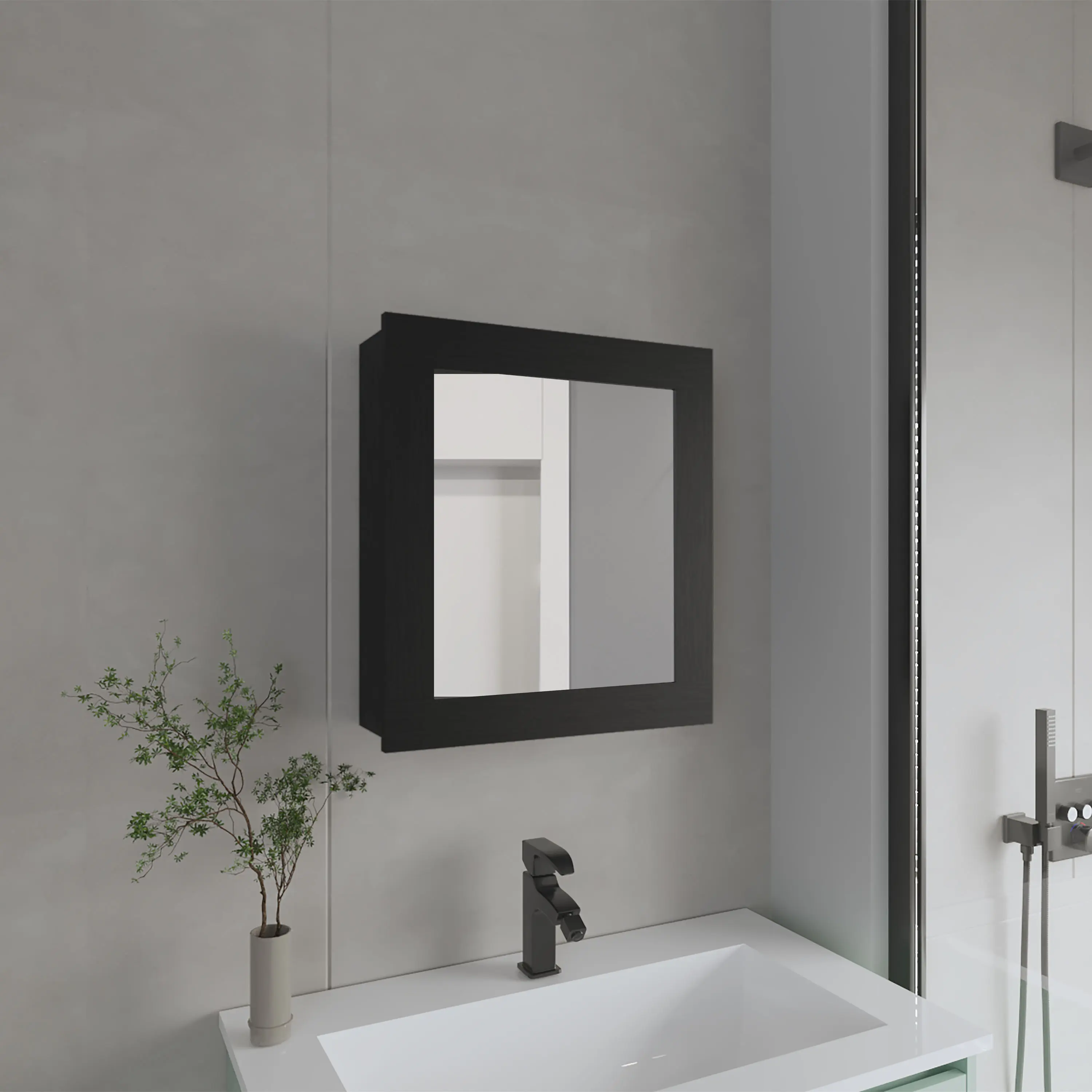 Nokaa Wall Mounted Medicine Cabinet with Mirror Door - Wall Cabinet, 2 Shelves, 20.5" H x 18.6" W x 5.7" D, Black Engineered Wood, Bathroom Toiletry Storage, Compact Design, Easy Assembly, CARB TSCA Compliant