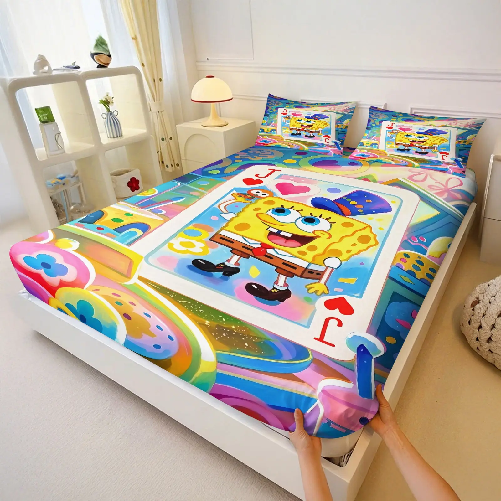 Colorful Cartoon Playing Card Bedding Set, Spongebob Jack of Hearts Fitted Sheet Set, Includes Fitted Sheet & 2 Pillow Shams