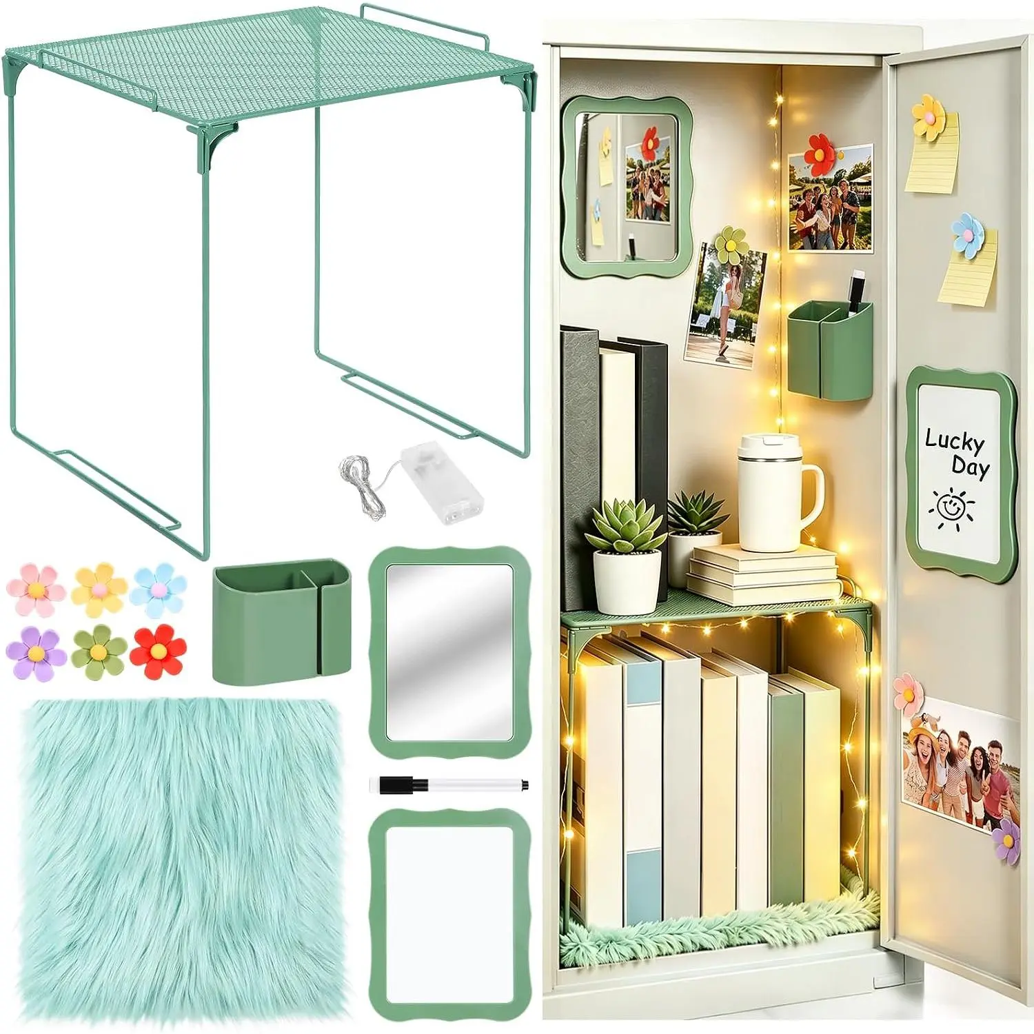 13 Pack Locker Accessories Kit Green Foldable Metal Locker Shelf,  to School Decor Organizer for Middle High College Students