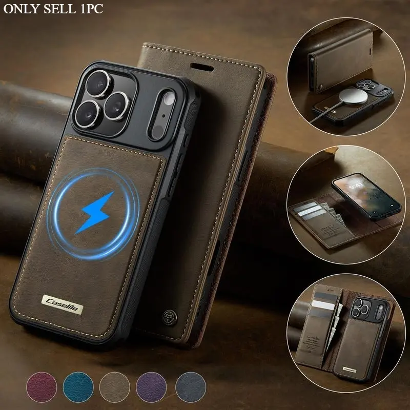 Detachable Wallet Smartphone Case for iPhone 17/16/15/14/13/12/11 Pro Max Series, Magnetic Wireless Charger Stand, Protective Smartphone Cover, Shockproof Cover with Card Holder, Plain Design Accessories