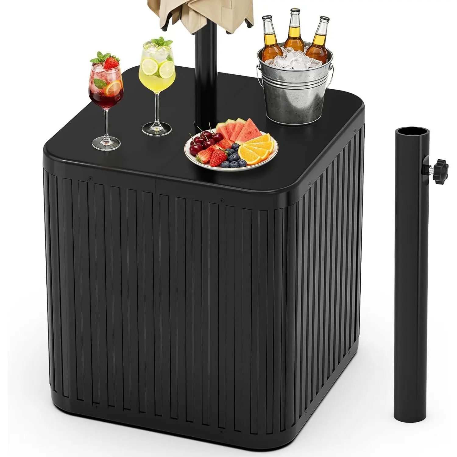 Modern 2-in-1 Outdoor Umbrella Side Table with Umbrella Hole, 15.9 Gal Fillable Stand Base (Fits Up to 1.5" Pole), Water Resistant Square Backyard Patio Deck Table with Clean Lines, Matte Black