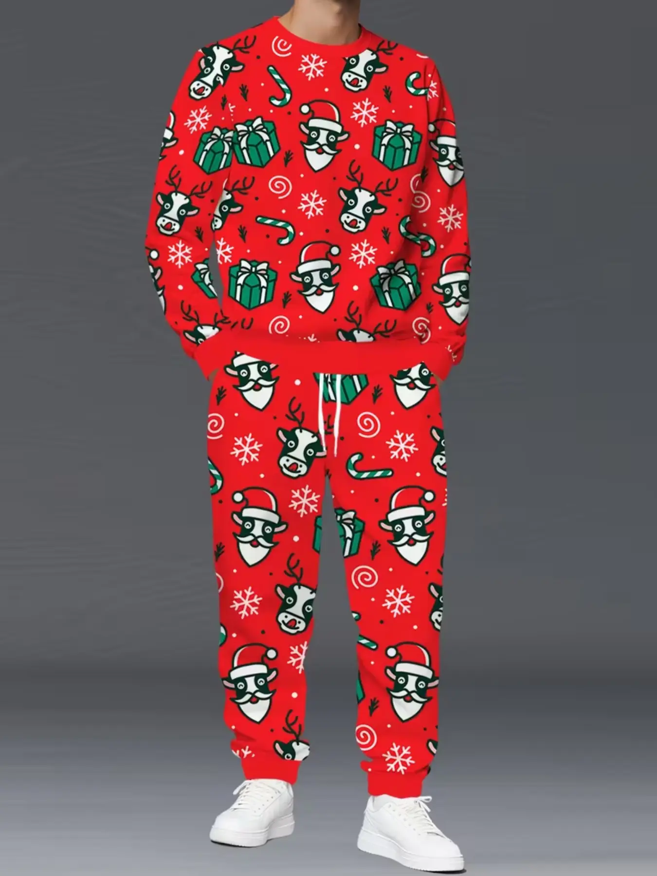 Men's Casual Christmas Set, Reindeer Pattern Long Sleeve Top & Pants, Festive Ankle-Length Fitted, All-Season Wear