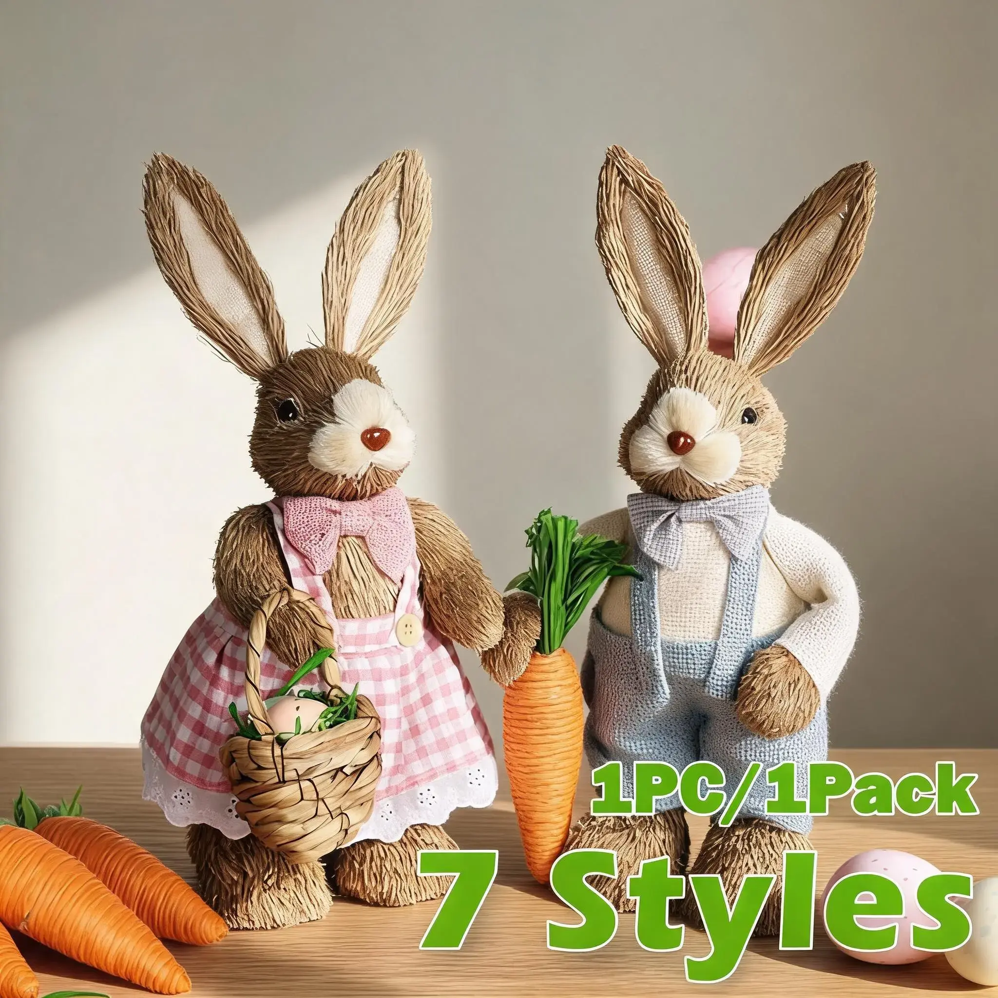 35cm Easter Straw Rabbit Woven Bunny Easter Decoration Sculpture Yard Party Home Easter Ornament Statuette Decoration Garden Sculptures Statues