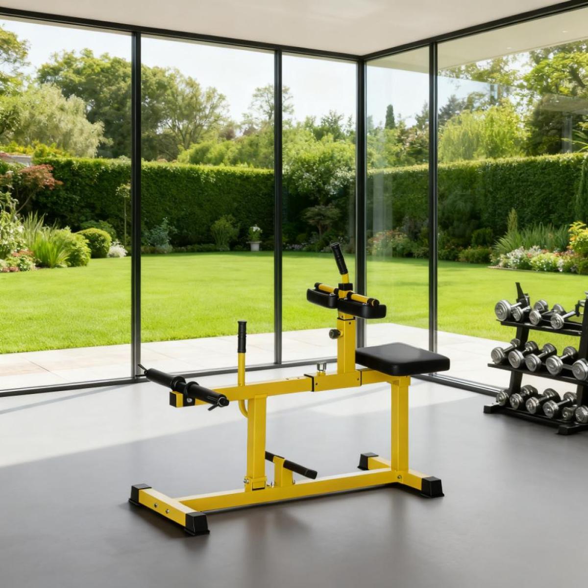 [Fahuac] Yellow Seated Calf Raise Machine, Adjustable Leg Machine for Home Gym, 440 lbs Capacity, Dual Olympic Weight Posts with Non-Slip Foot Plate, Padded Seat & Thigh Pads