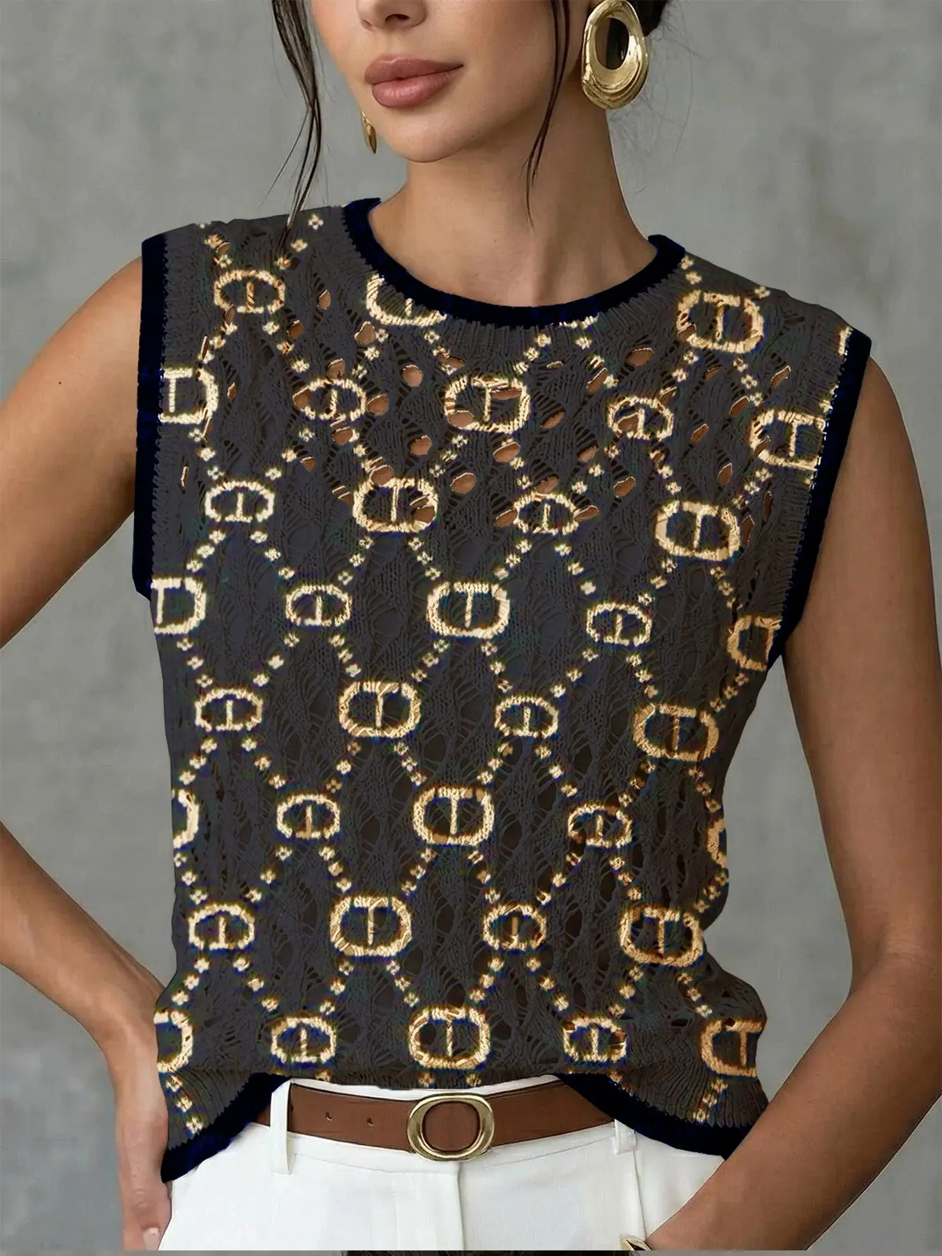 Women's Elegant Geometric Symbol Diamond Full Print Round Neck Knitted Sleeveless Sweater Vest, Casual Sleeveless Knit Top for Spring Summer Fall