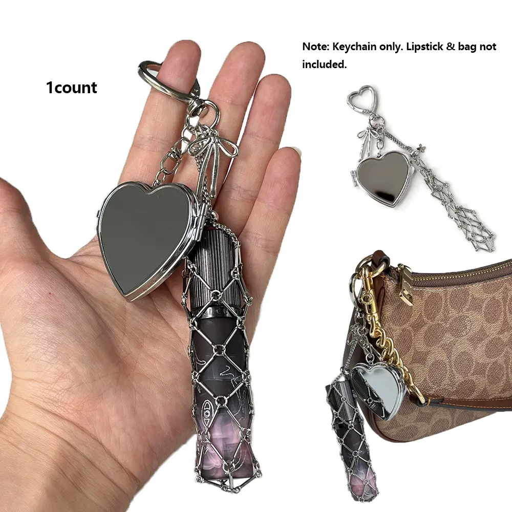 Heart Shaped Lipstick Multifunctional Keychain with Makeup Mirror, 2026 New High-End Silver Color Mesh Holder, Stainless Steel Fashion Pendant for Lipstick, Cute Trendy Keyring for Purse & Keys&bag, Stylish Keychain, Heart Design Keychain