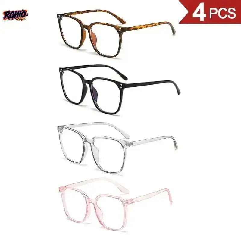 Women’s 4-Pack Blue Light Blocking Eyewear Set - Assortment of Influencer-Style Fashion Frames, Wind Resistant, Spring Hinge, Round Face Fit, Screen Time Essential, Office Use, with Stainless Steel Case