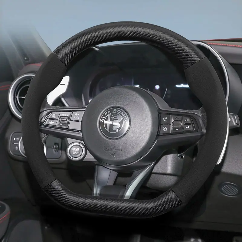 For Alfa Romeo carbon fiber leather suede steering wheel cover, Steering wheel protector, ultra-thin, anti-slip, breathable cover, applicable to models such as Giulia, Stelvio, Tonale, MiTo, available in black, brown