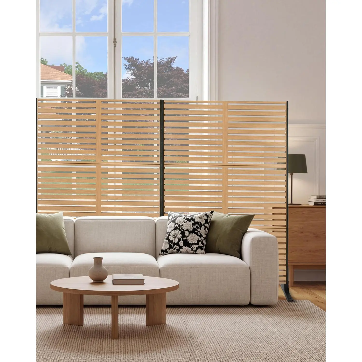 Metal Privacy Screen Outdoor, Metal Privacy Divider Panels, Steel Decorative Garden Fence, Freestanding Privacy Screen, for Patio, Yard, Balcony & Pool Enclosure, Wooden Louvered,74.6" x 47.2"(1pcs)