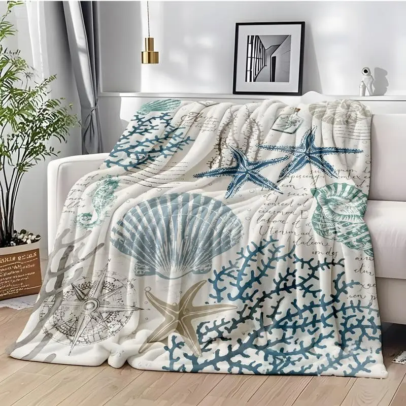 1PC Creative Hot Sale Marine Life Shell + "Vintage Nautical Style" Label Flannel Blanket, Throw Blanket Digital Printed Flannel Blanket, Soft, Warm, Multifunctional, Suitable for Sofa Bed Blanket, Office Nap Blanket, Outdoor Camping, All Seasons Gift