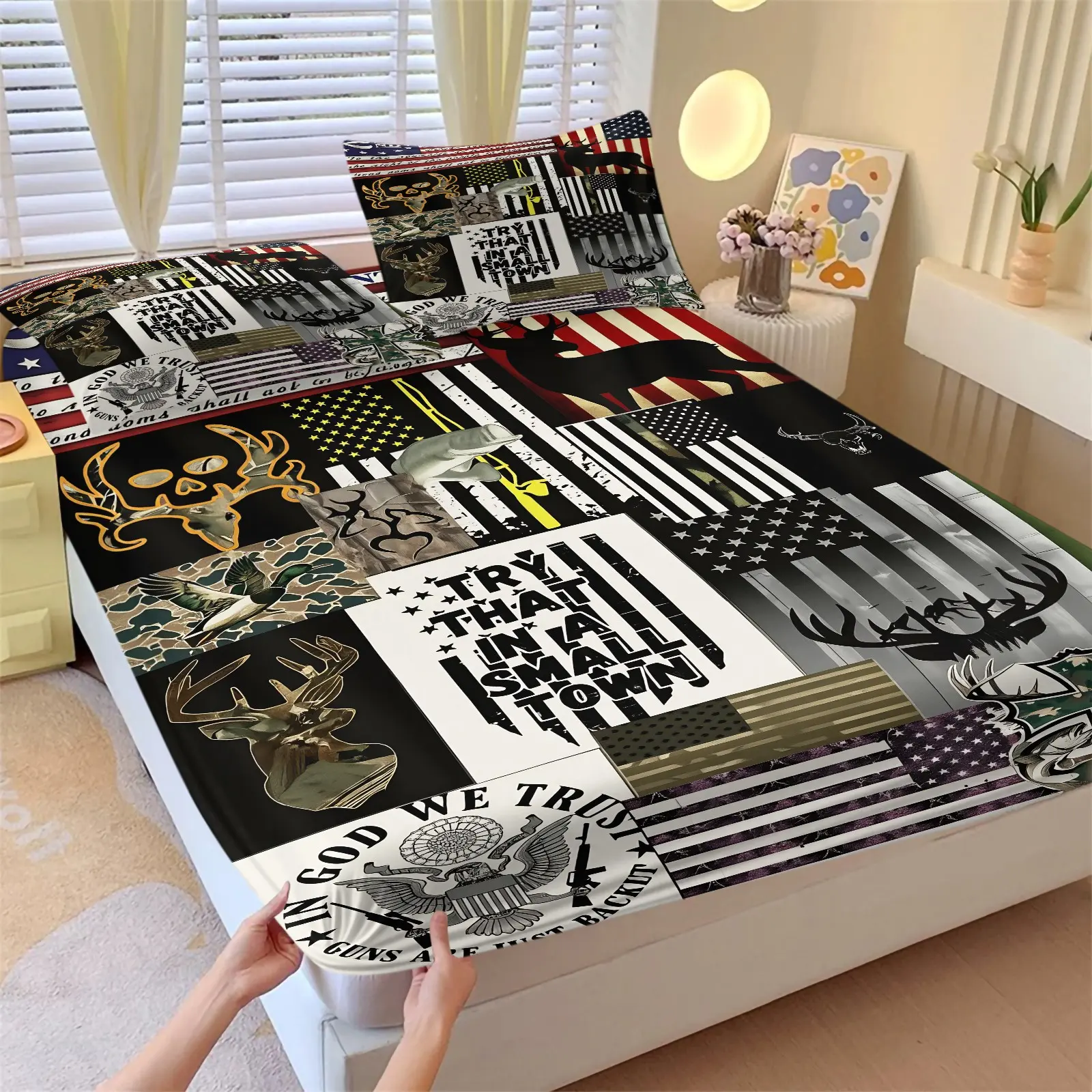 3 Piece Vintage Camouflage Buck Deer Hunting USA Flag Fitted Sheet Set, 1 Fitted Sheet + 2 Pillowcases, Soft Microfiber Deep Pocket Design, Rustic Cabin Outdoor Hunting Style Bedroom Decoration, Gift for Hunters & Outdoor Sports Enthusiasts