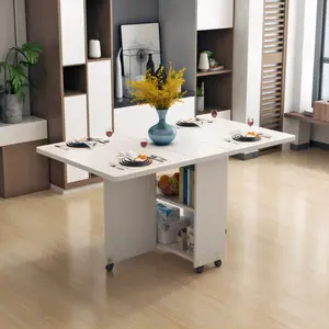 White 47.2 in Drop Leaf Folding Dining Table - Compact Model, Portable Wheel-Mounted, MDF Multi-Expand Table with 2-Tier Storage Compartments, 6 Lockable Universal Casters for Small Apartments, Compact Model Dining Tables, Folding Dining Tables