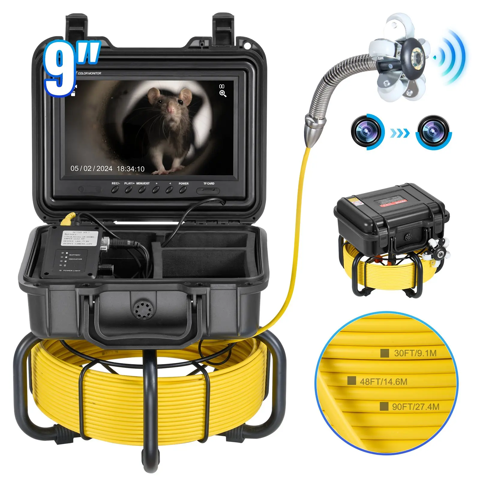 toolupgrade VEVOR Self-Leveling Plumbing Camera, 98 ft/30m Snake Camera with 9 in 1080P HD Screen, 36X Zoom, IP68 Waterproof, 12 LED Lights, 32GB SD Card for Duct Pipe Drain Inspection