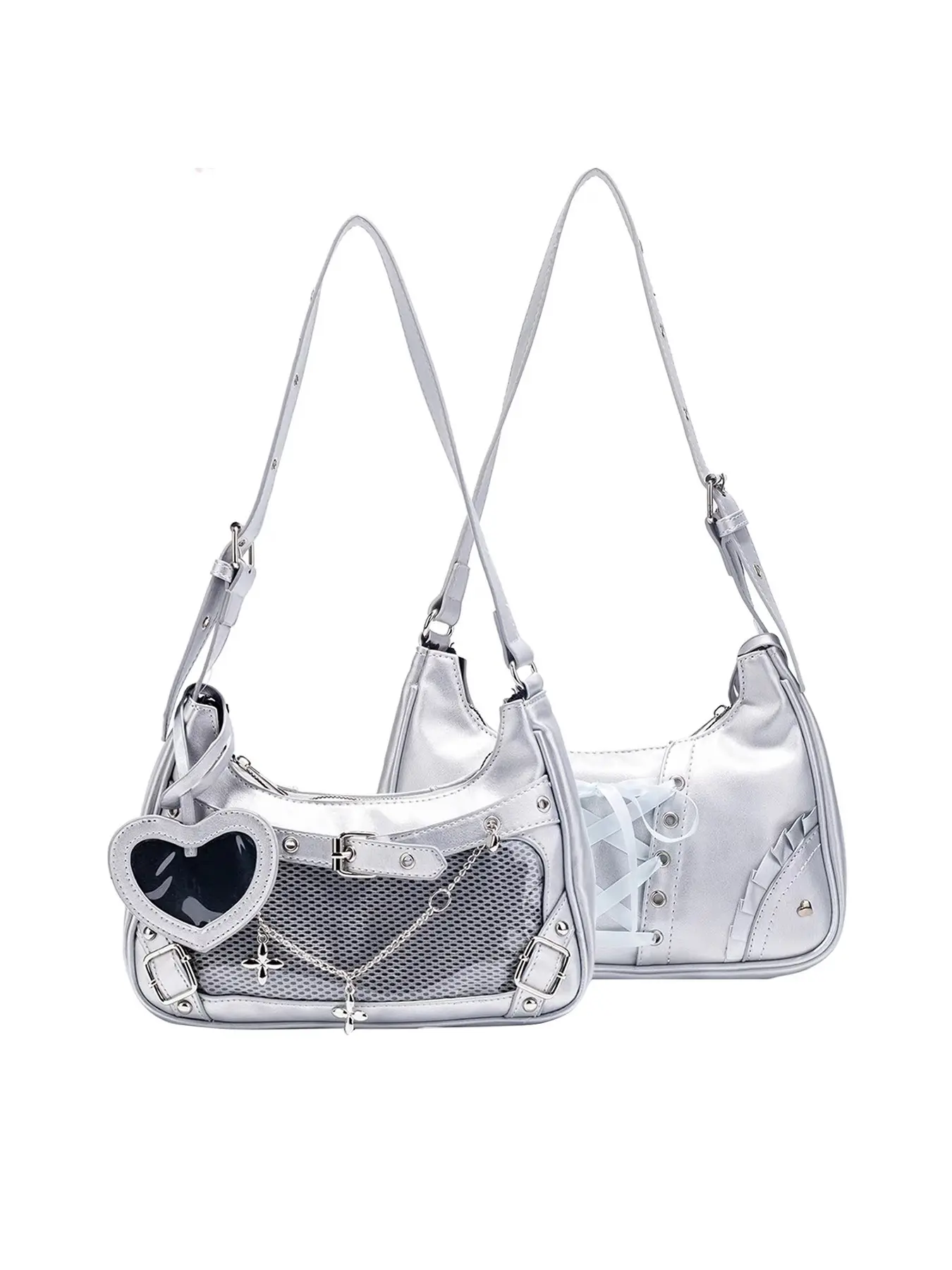 【Cute & Compact】Japanese Anime "Ita Bag" - Small Clear Badge Display Fashionable Shoulder Bag with Silver Heart Charm Daily one shoulder underarm handbag, suitable for students and girls to use