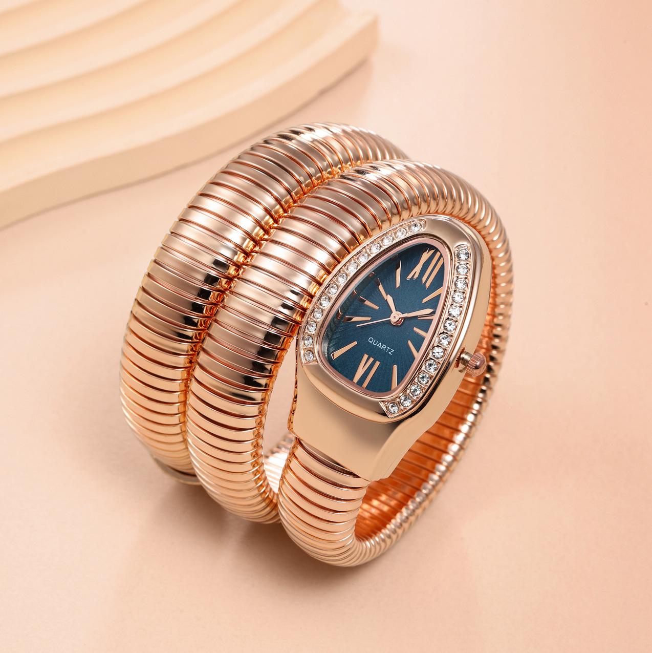 Women's Luxury Gold Snake Bangle Quartz Watch - Wrap Around Wristwatch with Crystal Diamond Bezel, Mother of Pearl Dial, Roman Numerals, Elegant Retro Statement Timepiece, Perfect Gift for Her