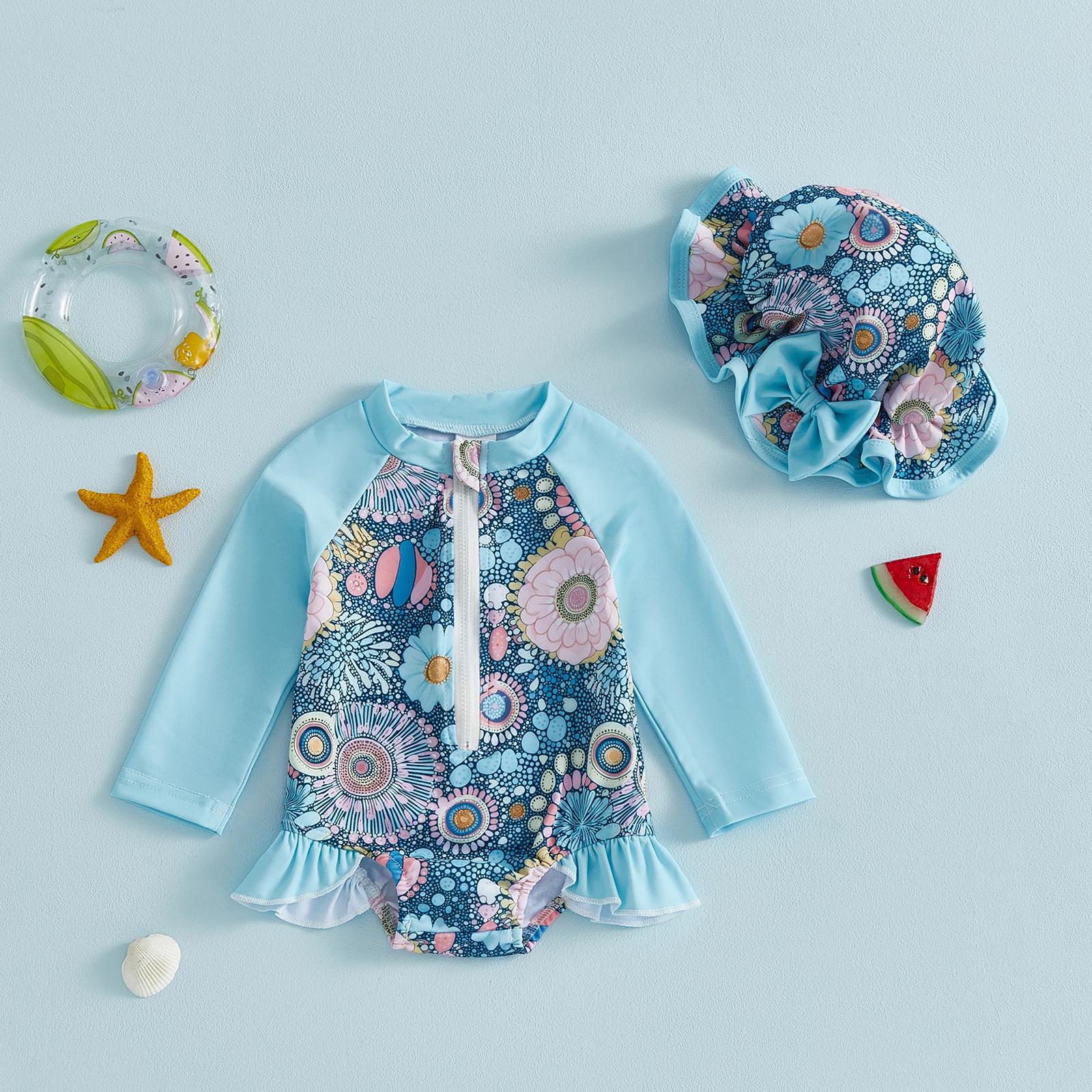 Infant Baby Swimsuit Girl Long Sleeve UPF 50+ Sun Protection  Rash Guard with Hat Zipper Bathing Suit
