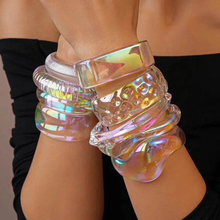 Bohemia Transparent Colorful Acrylic Opening Bangle for Women Irregular Large Wide Cuff Bracelet  New Trend Couple Jewelry F