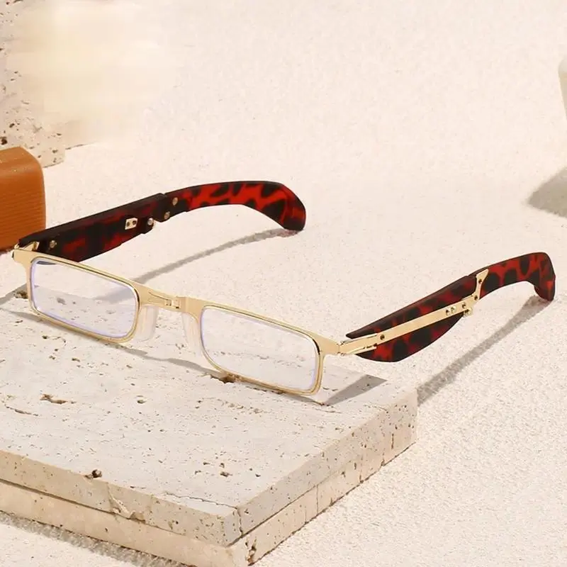 Foldable Reading Glasses with Rectangular Gold-Tone Frames, Tortoiseshell-Pattern Temples and Zipper Storage Pouch for Home, Office, Travel Use