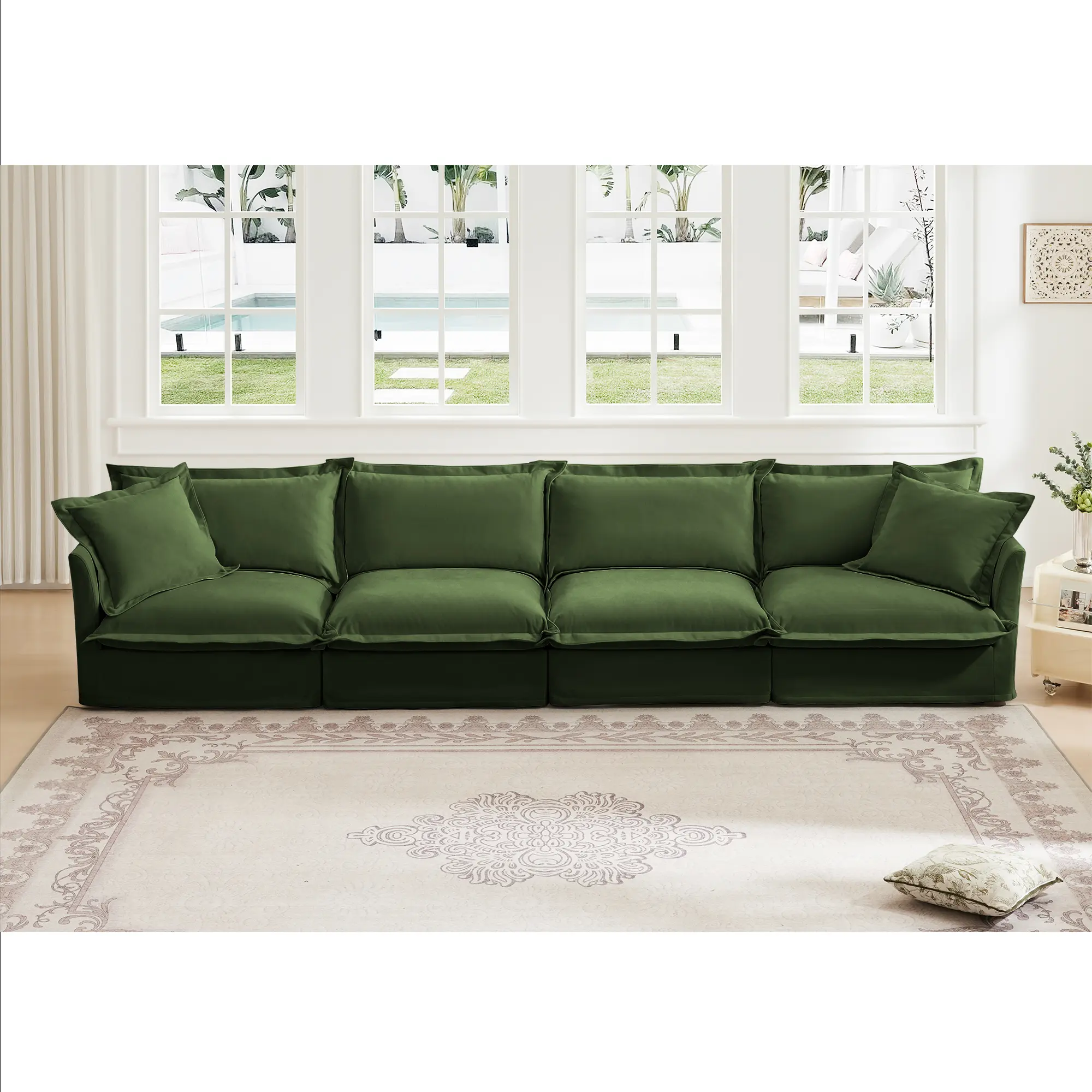 Nokaa Slipcovered Long Sofa 4 Seater Extra Deep Couch with Removable Cover Chenille Fabric Cloud Like Comfy Sofa Couch for Living Room Green Chenille Fabric Multiple Color Options Available, Living Room Furniture for Apartment, Lounge, Family Room