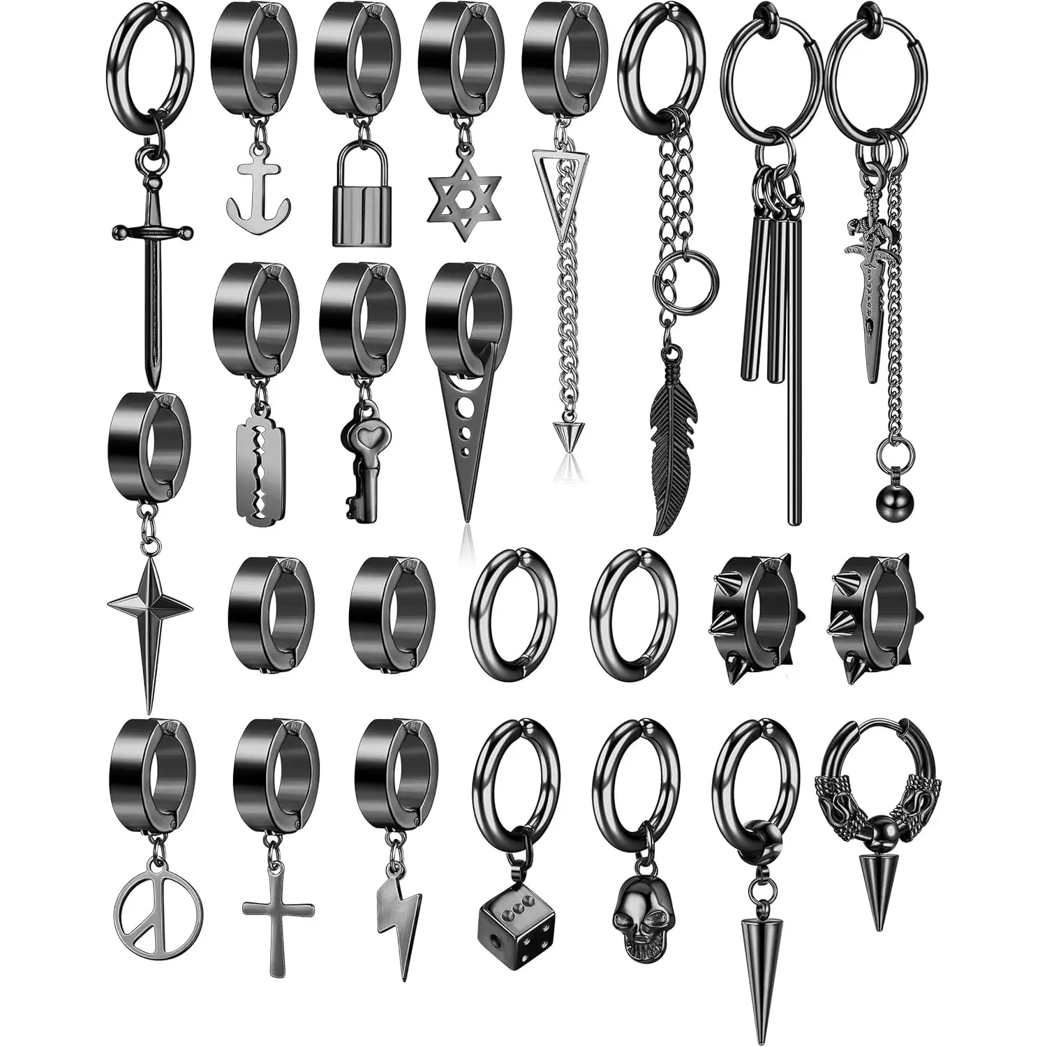 25 Pcs Clip on Earrings for Men Stainless Steel Cross Chain Dangle Earrings Black & Silver Fake Earrings for Men Women Non Pierced Huggie Hoop Earrings Set