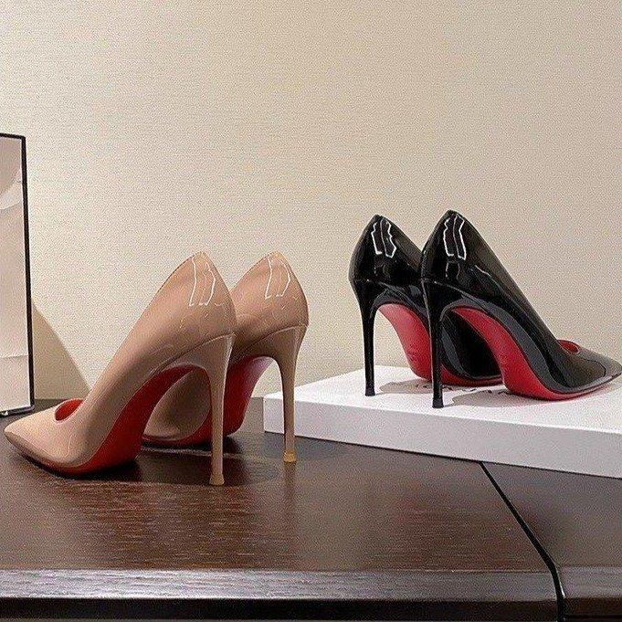 Spring Black Red Sole High Heels Women Pointed Toe Thin Heel Sexy Glossy Elegant Single Shoes Patent Leather Women Shoes