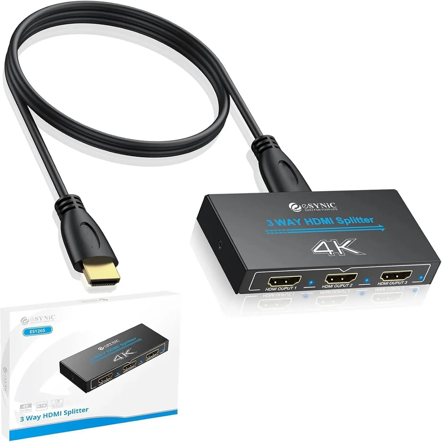 eSynic Professional 4K@30Hz HDMI Splitter 1x3 (1 in 3 Out), Compact Digital Cable Accessory with Easy Plug-and-Play Setup for Game Consoles