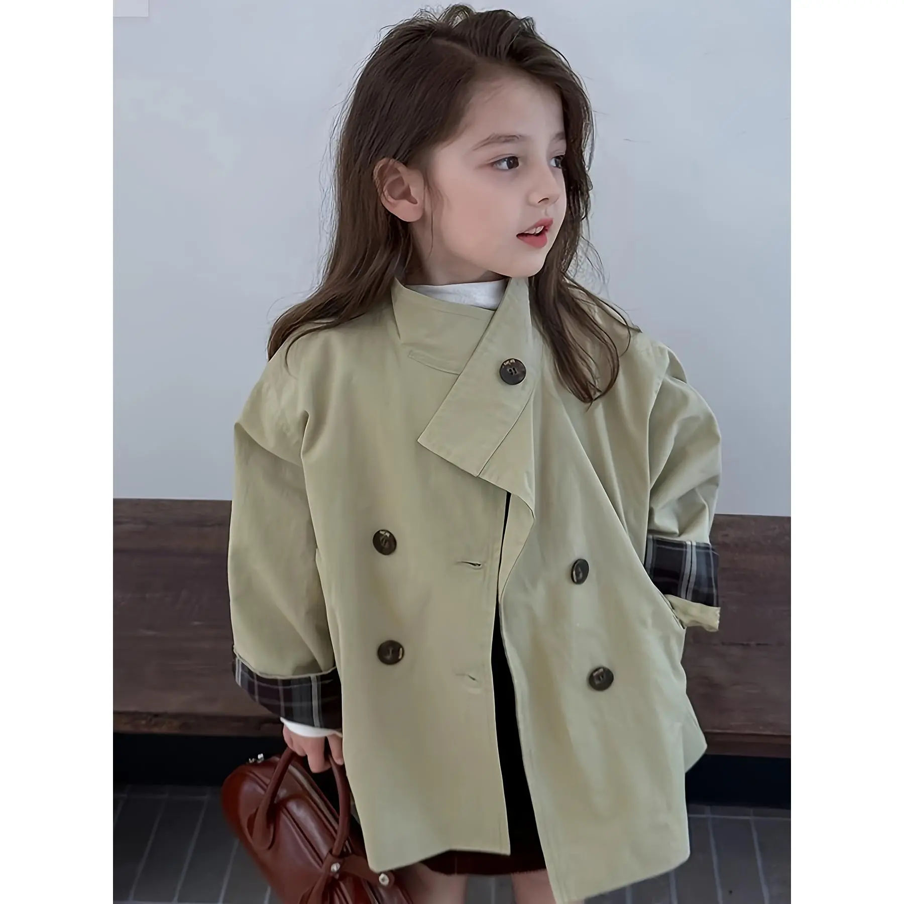 Girls' 2025 New Spring & Autumn Double-Breasted Stand-Up Collar Medium-Long Stylish Trench Coat, Kids' Fashion Outerwear (Double Breasted Coat)