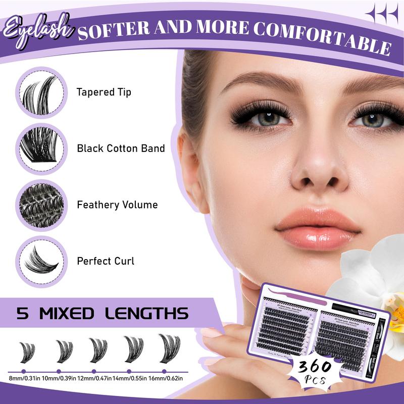 Mixed Length Individual False Eyelashes Kit with Tweezers, Glue & Glue Remover, 360pcs/set Natural Look Eyelashes Kit, Eyelashes Extensions, Cluster Lashes Kit, Eyelash Tools, Lash Clusters, Cosmetic, Eye Makeup Products, DIY Lash Kit