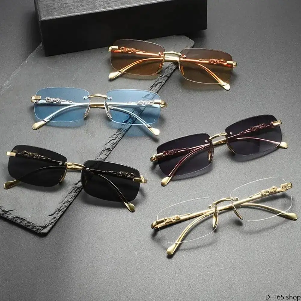 Retro Rimless Square Sunglasses Polished Metal Temple Smooth Thin Rectangle Frame Lightweight Solid Lens Unisex For Men Women Daily Travel Beach Outdoor Portable Classic Sun Blocking Decorative Eye Wear Accessory vintage, Men's Sunglasses, Solid Lenses, D
