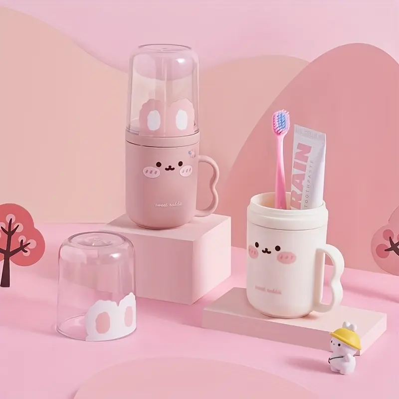 2pcs Odorless Travel Toothbrush Box and Mouthwash Cup Set - Portable Plastic Toothpaste Cup, Cute Rabbit Design, Bathroom Mouthwash Cup, Portable Hygiene Solution, Suitable for Business Travel and Vacation, Toothbrush Holder Travel