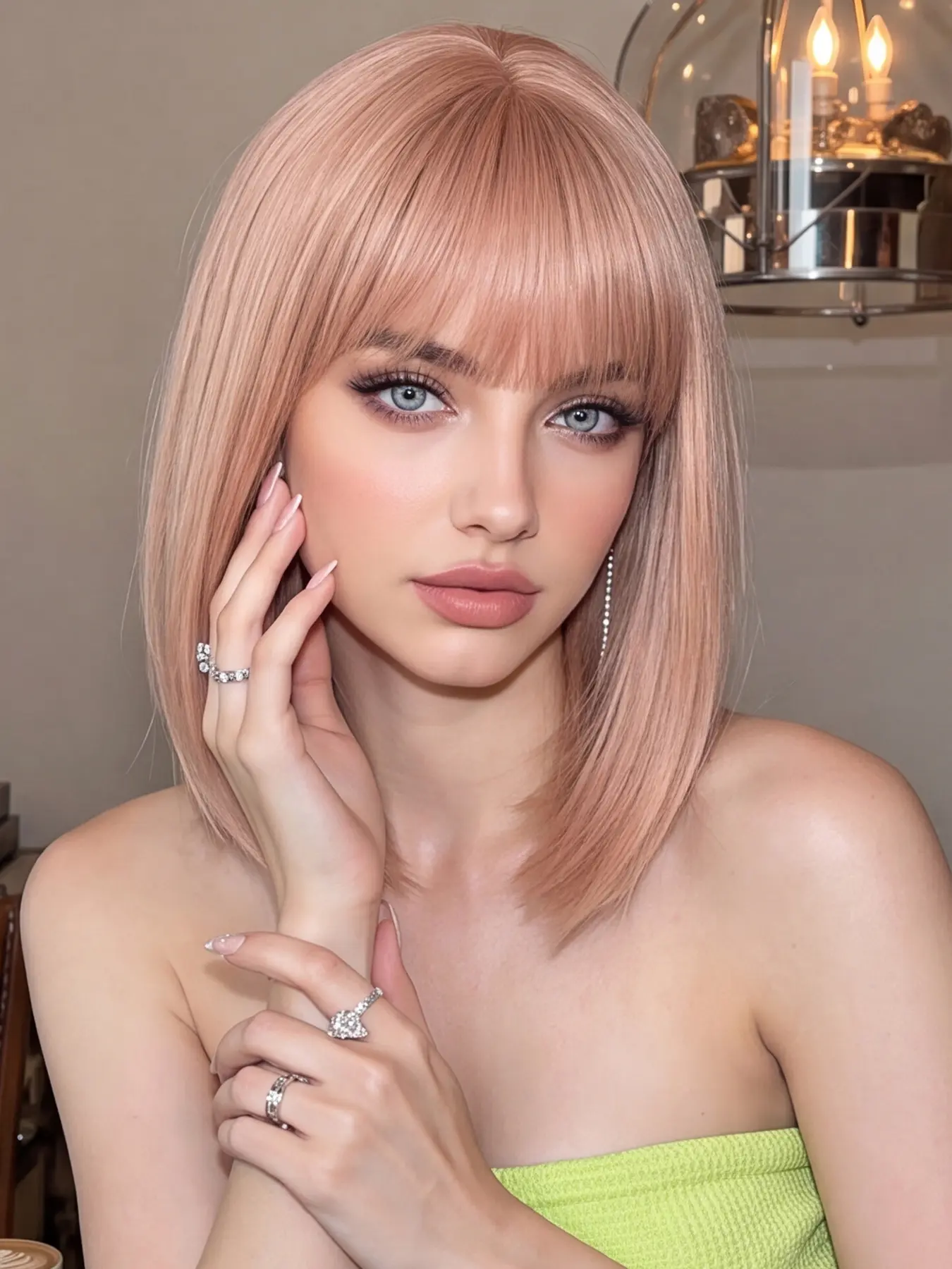 14- Inch Matte Peach Pink Bob Wig with Air Bangs, Straight Short Bob Synthetic Wigs for Women Daily Sweet Style