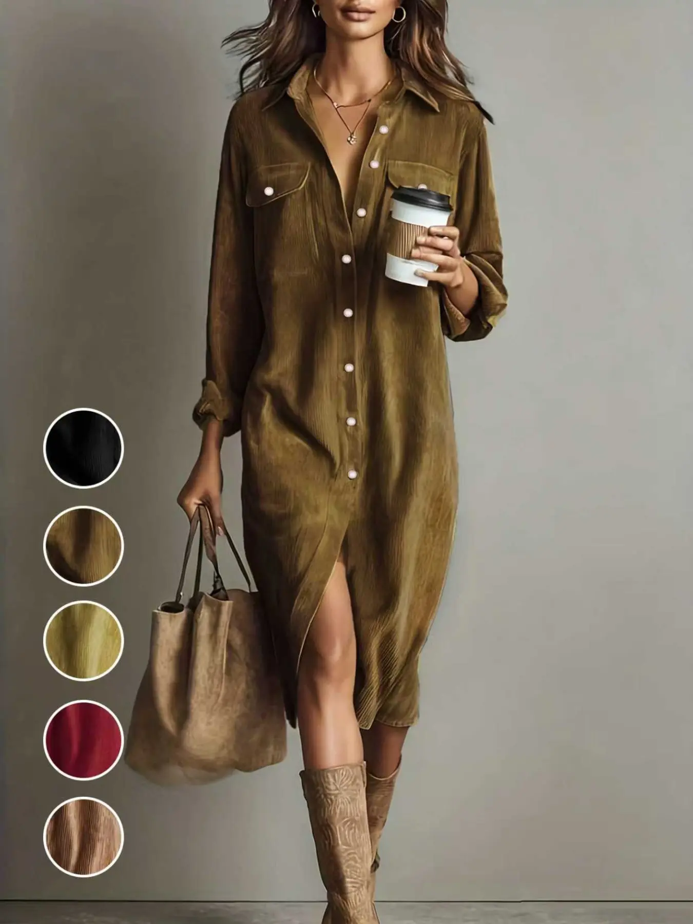 Women's Fashion Casual Loose Collared Corduroy Dress with Dual Chest Pockets, Single Button Long Sleeve Mid-Length Skirt, Comfortable Daily Wear