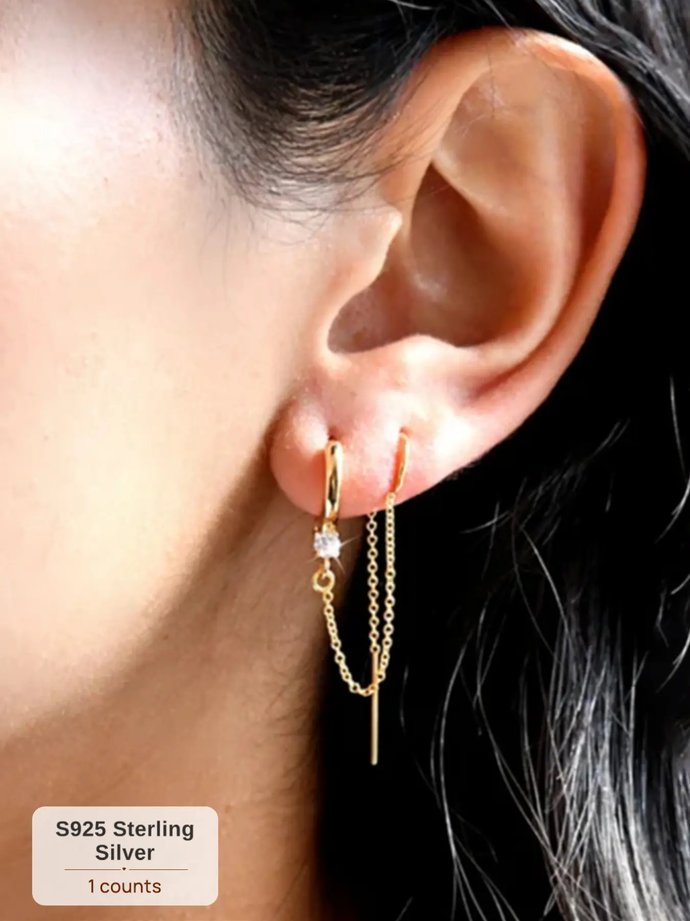 1Pc S925 Sterling Silver Gold Plated Hoop Tassel Earring, Sparkling CZ Linear Dangle Drop Long Chain Threader Earring, Dangly Earrings, Hypoallergenic Single Piercing Jewelry Gift for Her Earrings